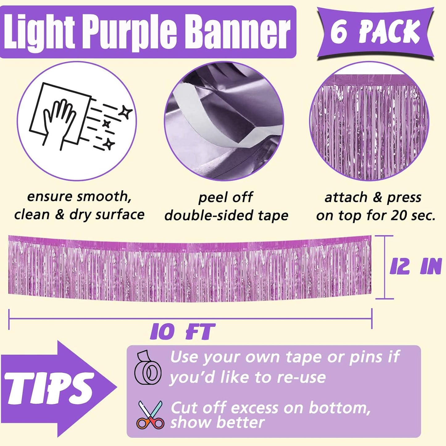 6 Pack 10 Feet Foil Fringe Garland Metallic Tinsel Banner Wall Hanging Curtain Streamers Backdrop for Parade Floats Bachelorette Wedding Birthday Party Thanksgiving Christmas Decorations(Light Purple)