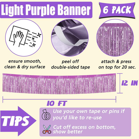 6 Pack 10 Feet Foil Fringe Garland Metallic Tinsel Banner Wall Hanging Curtain Streamers Backdrop for Parade Floats Bachelorette Wedding Birthday Party Thanksgiving Christmas Decorations(Light Purple)