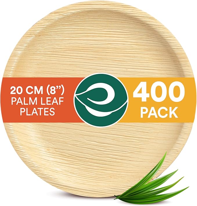 ECO SOUL 8 Inch Disposable Palm Leaf Plates [400 Pack] Premium Food-Safe Heavy Duty Compostable Bamboo Paper Plates for Lunch, Dinner, Birthday, Weddings, Party, Camping & Catering Events [Round]