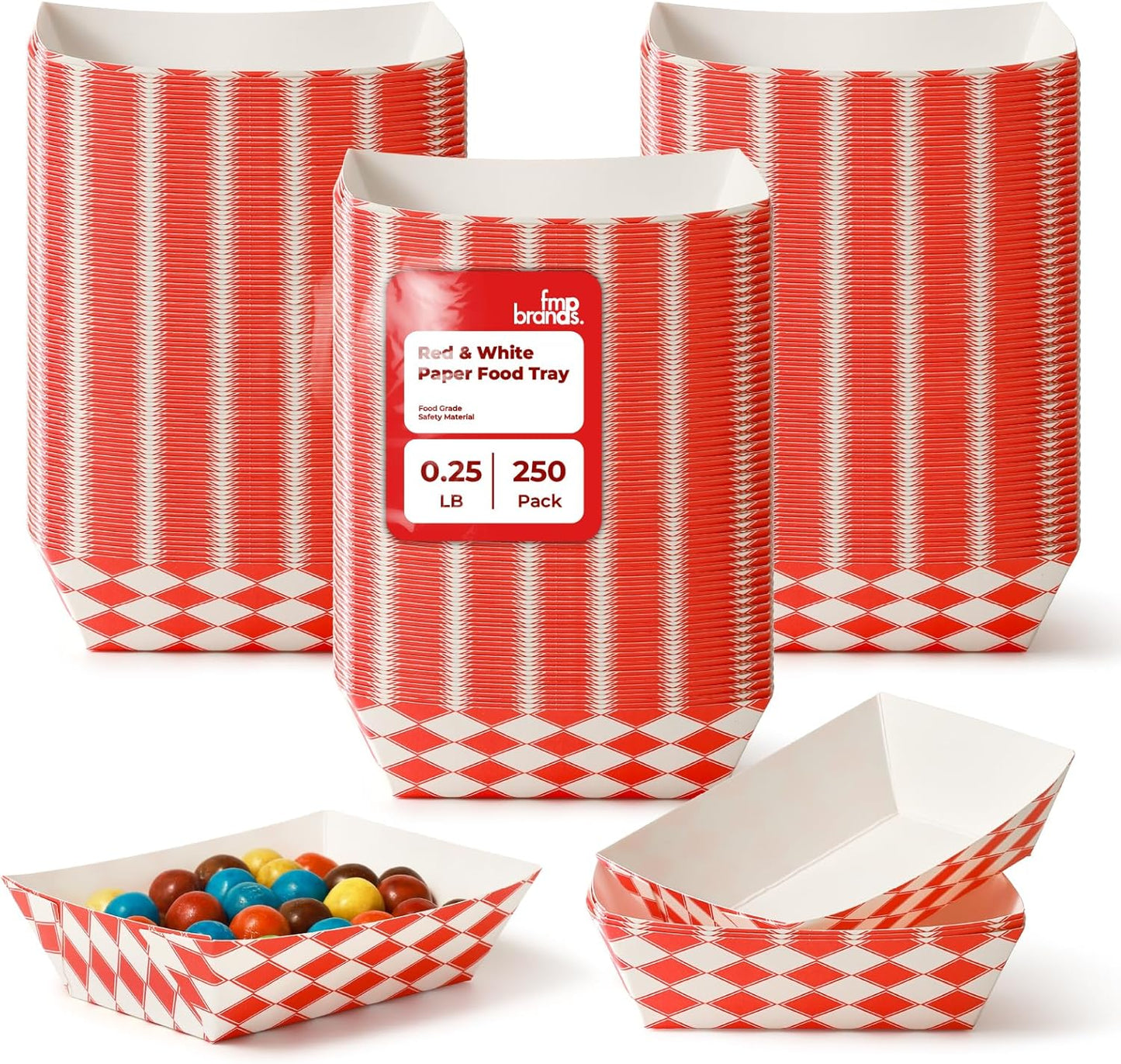 Fit Meal Prep [250 Pack 0.25 lb Paper Food Boats Heavy Duty Disposable Food Trays, Red Check Nacho Tray for Parties Fairs Picnics Carnivals, Holds Ketchup Cheese Sauce Pickles