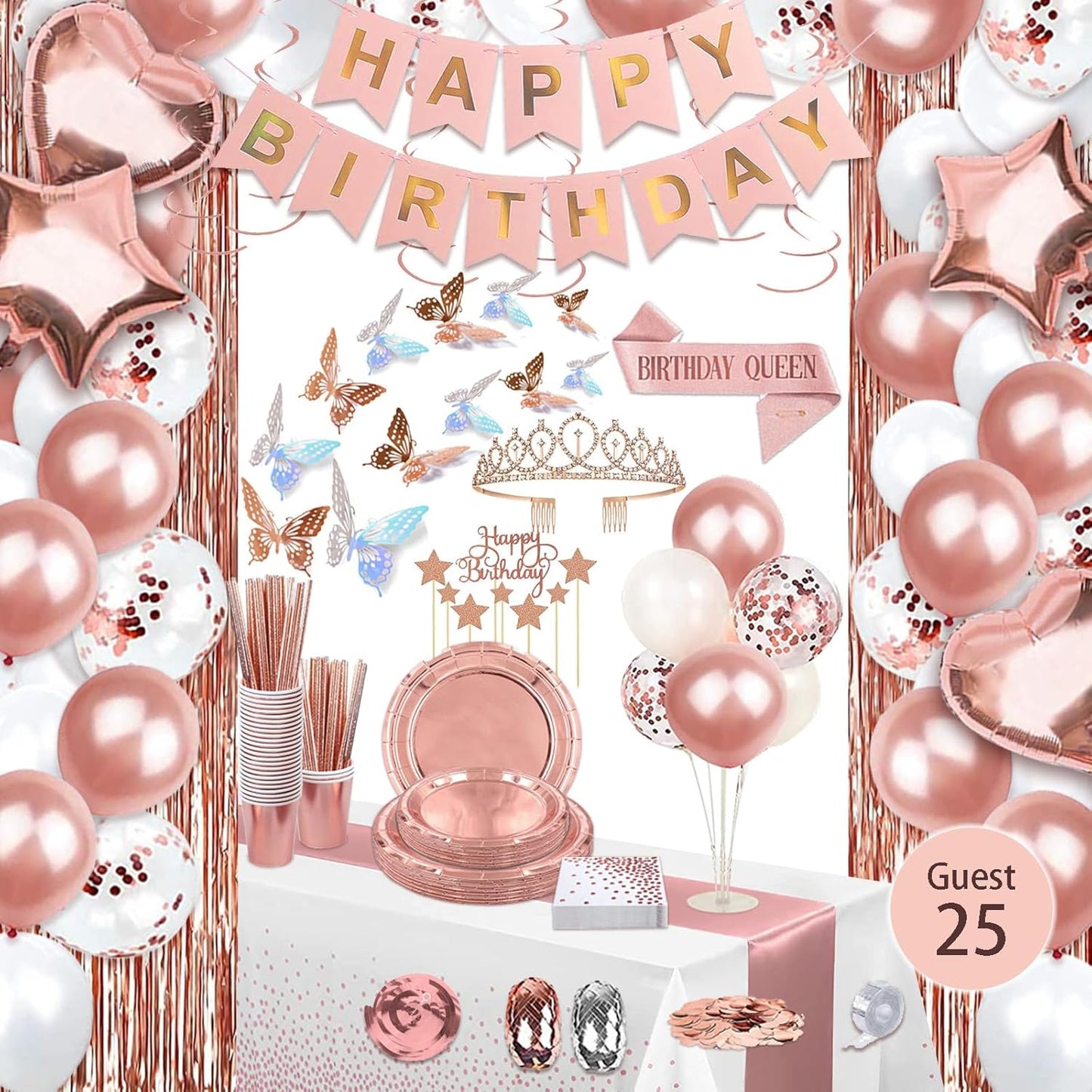236 Pcs Birthday Decorations For Women, Rose Gold Party Decorations Kit For Girls Or Women - Butterfly, Hanging Swirl, Balloon Stand, Sash, Tiara, Banner, Balloon, Tableware For 25 Guest
