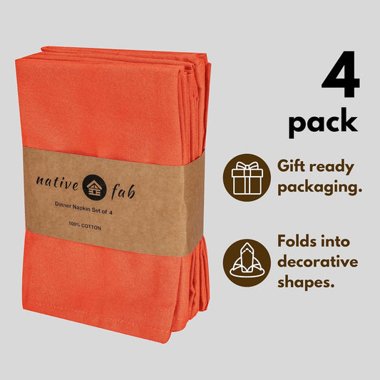 Native Fab Solid Cloth Napkin Set of 4, 100% Cotton, Washable, Reusable Dinner Cloth Napkin 17x17 inches, Table Decor Napkins for Dinner, Events, Orange