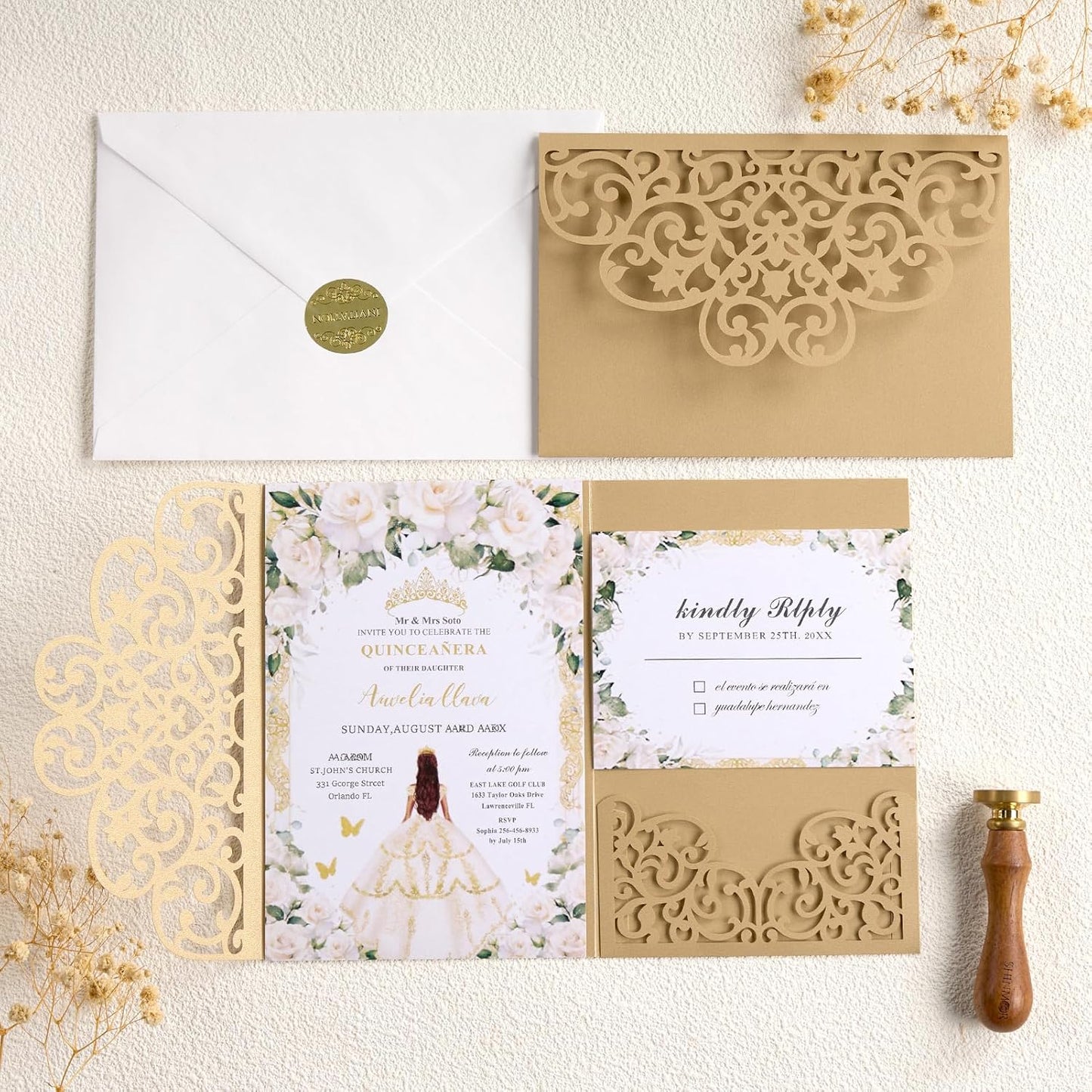 50Pcs Personalized Wedding Invitations Gold Laser Cut Invitation Kits with Envelopes and RSVP Cards For Wedding Baby Shower Birthday Quinceanera Invitation