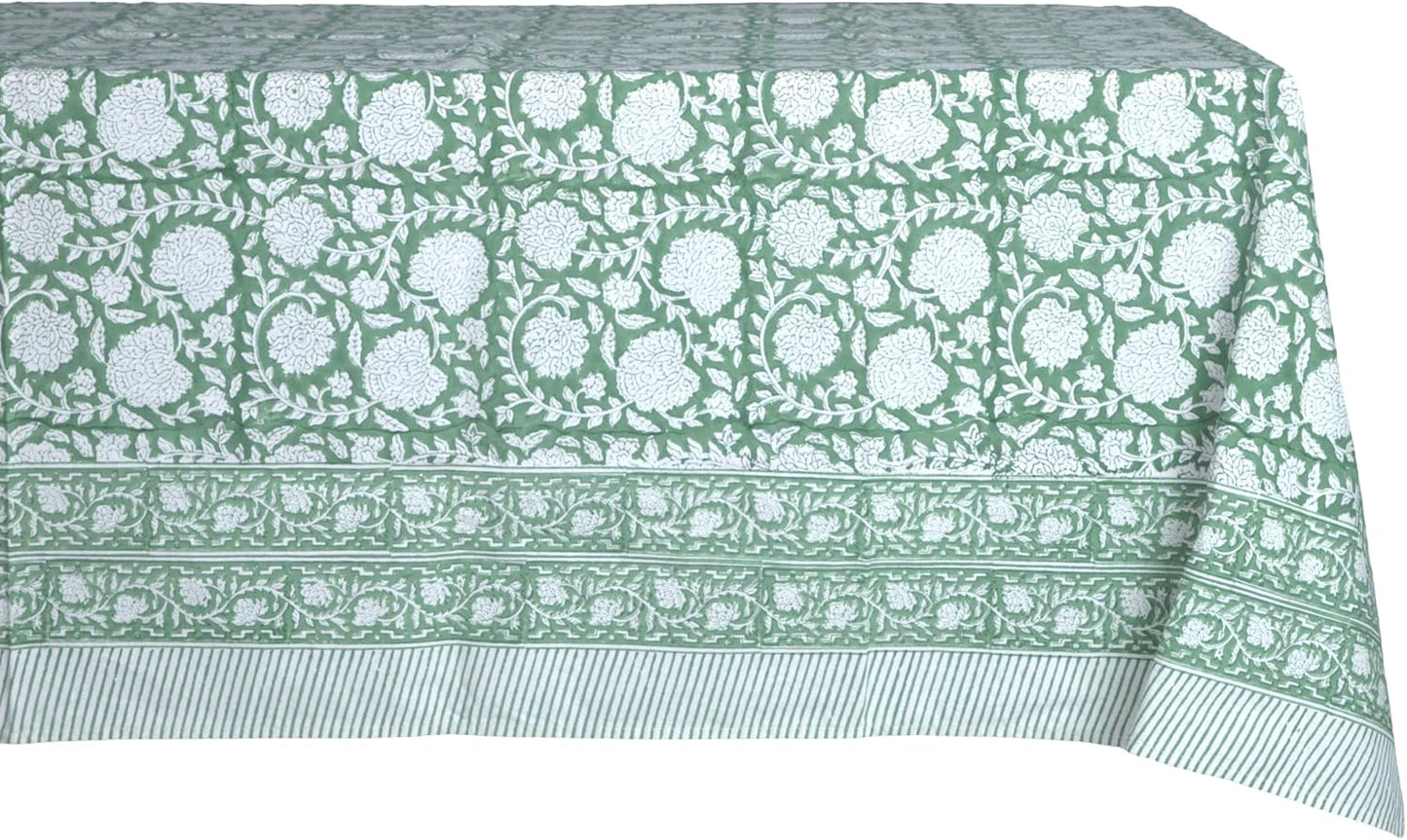 ATOSII Shalimar Green 100% Cotton Rectangle Fall Tablecloth, Handblock Floral Table Cloth Linen for Kitchen Dining I Parties Wedding Outdoors Christmas Thanksgiving I Fall Home Decor 60 X 108 Inches