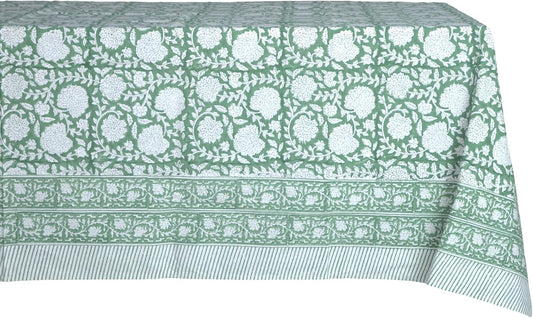 ATOSII Shalimar Green 100% Cotton Rectangle Spring Tablecloth, Handblock Floral Print Linen Table Cloth for Kitchen Dining I Parties, Outdoors, Weddings, Easter Holidays I 72 X 120 Inches I 10 Seater