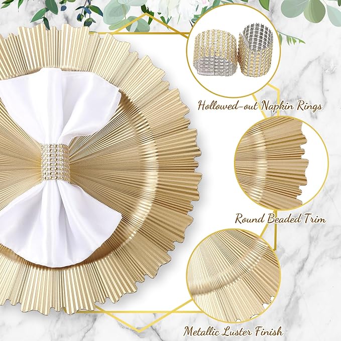 Tanlade 12 Set Light Gold Charger Plates Bulk with Napkin Rings Plastic 13" Plate Charger Fluted Edge Wedding Decoration for Table Wedding Party Event(Gear)