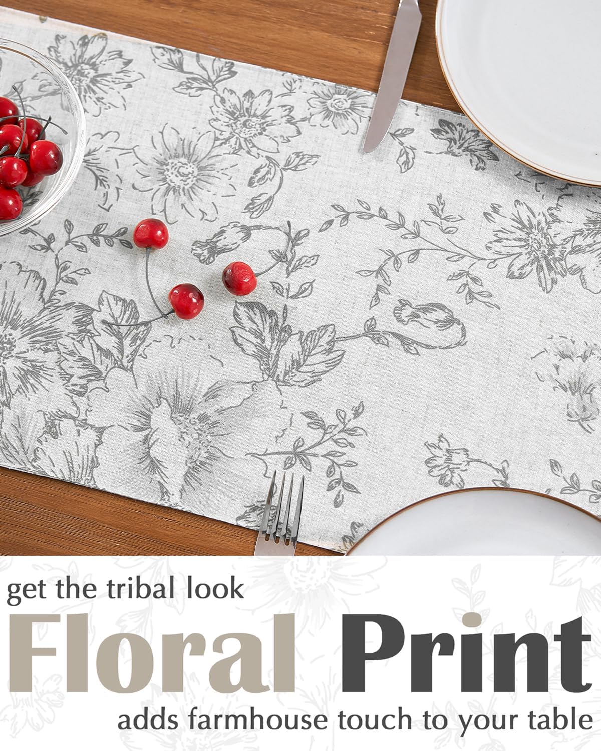 jinchan Floral Linen Table Runner for Kitchen Farmhouse Table Cloth with Grey Flower Print 13 x 90 Inch Beige Linen Blend Cloth for Kitchen Dining Table Indoor Outdoor Decor 1 Panel