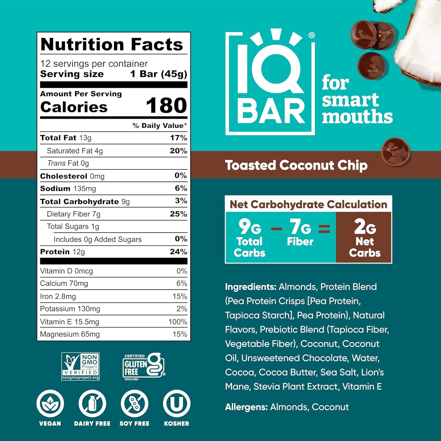 IQBAR Brain and Body Plant Protein Bars - Toasted Coconut Chip - 12-Count Low Carb - Gluten Free, High Fiber, Vegan Snacks - Low Sugar Meal Replacement