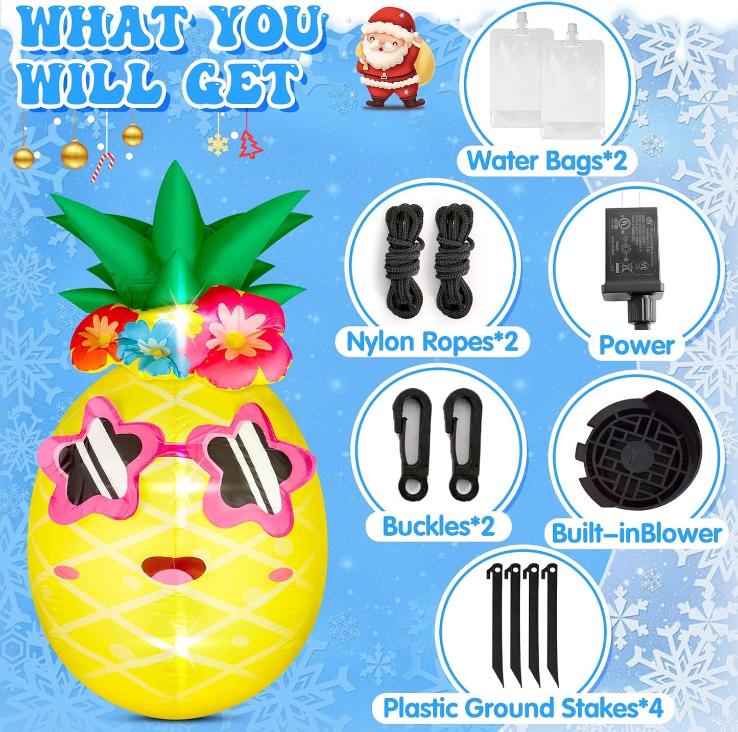 5FT Pineapple Inflatable Winter Decor Blow up Pineapple with 4 LED Lights Christmas Inflatables Outdoor Decorations Giant Inflatable for Xmas Birthday Pool Beach Yard Lawn Party Supplies