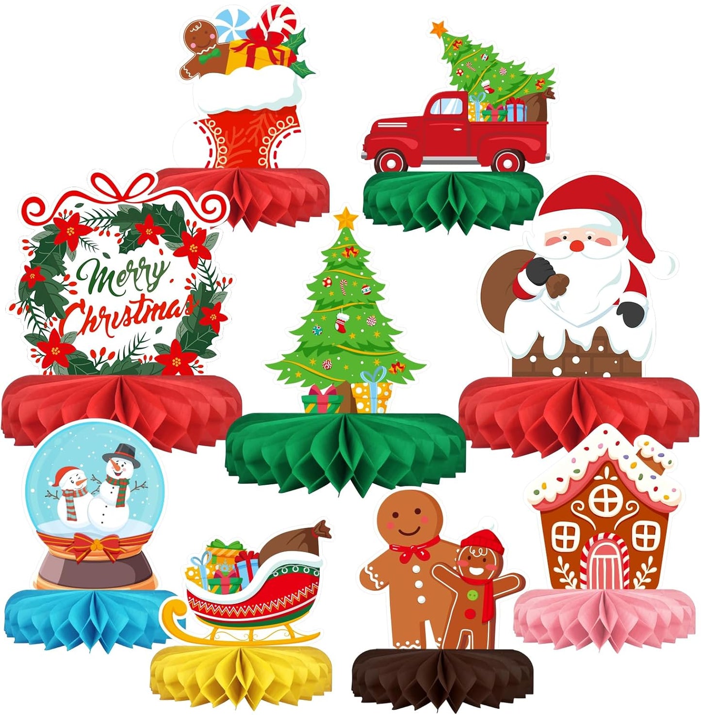 Merry Christmas Party Decorations Bundle - Includes Festive Christmas Honeycomb Centerpieces ，Santa Claus Snowman Table Toppers, Perfect for Classroom Decor, Christmas & Winter Birthday Party Supplies