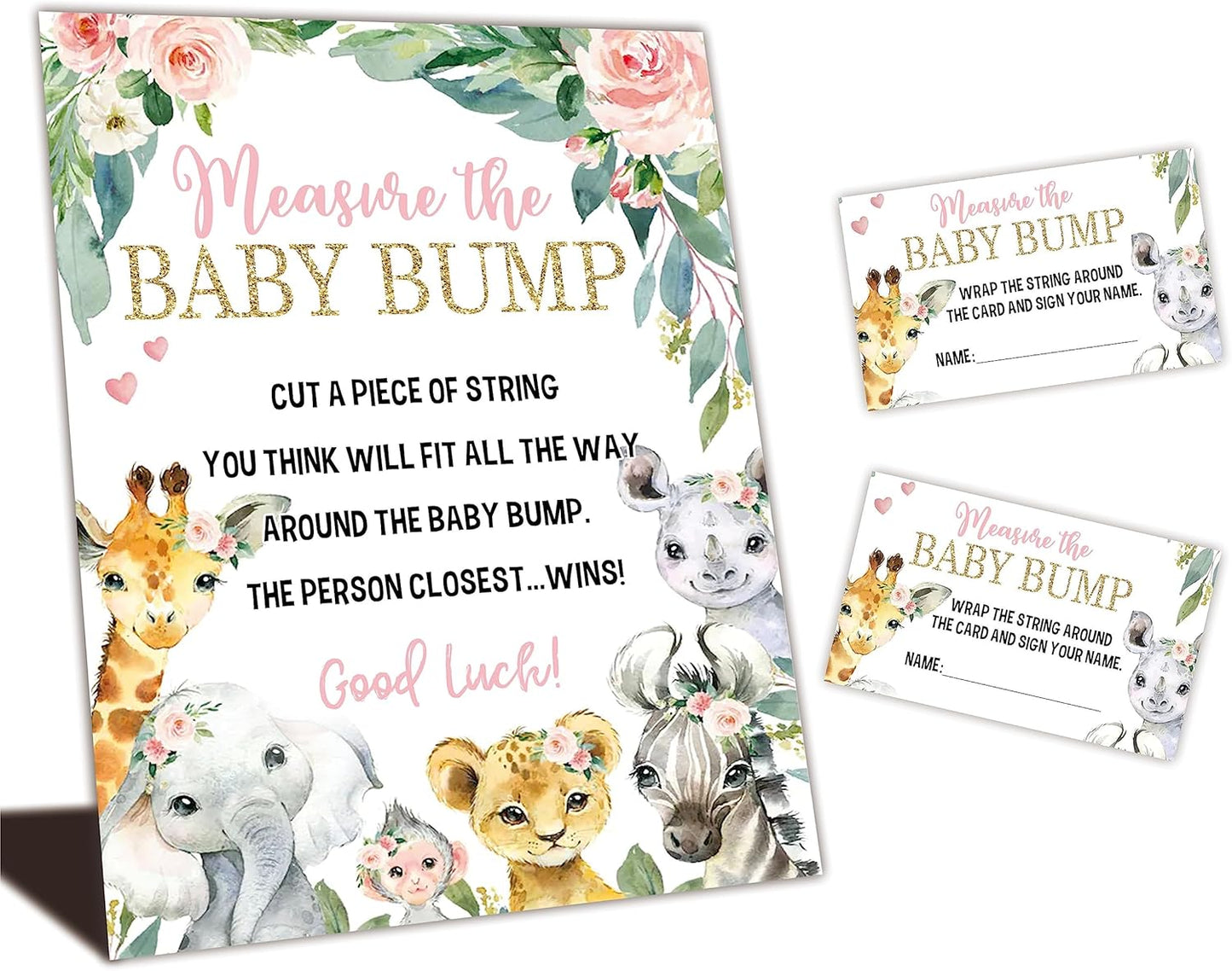 Baby Shower Games - Measure The Baby Bump Set - Watercolor Floral Safari Theme how big is mommy's belly - 1 Standing sign & 50 tickets - gender reveal party decorations & supplies -DWLK-A01