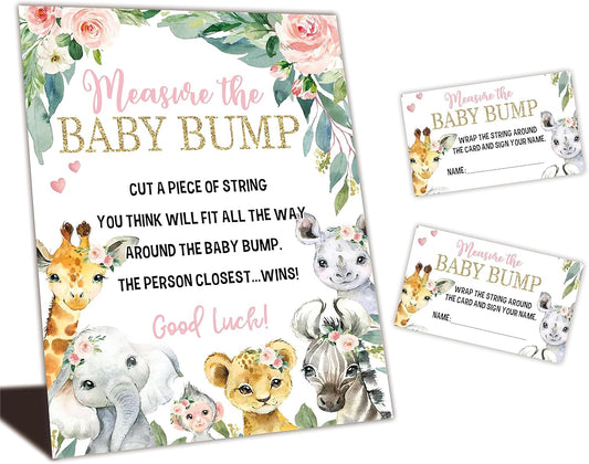 Baby Shower Games - Measure The Baby Bump Set - Watercolor Floral Safari Theme how big is mommy's belly - 1 Standing sign & 50 tickets - gender reveal party decorations & supplies -DWLK-A01