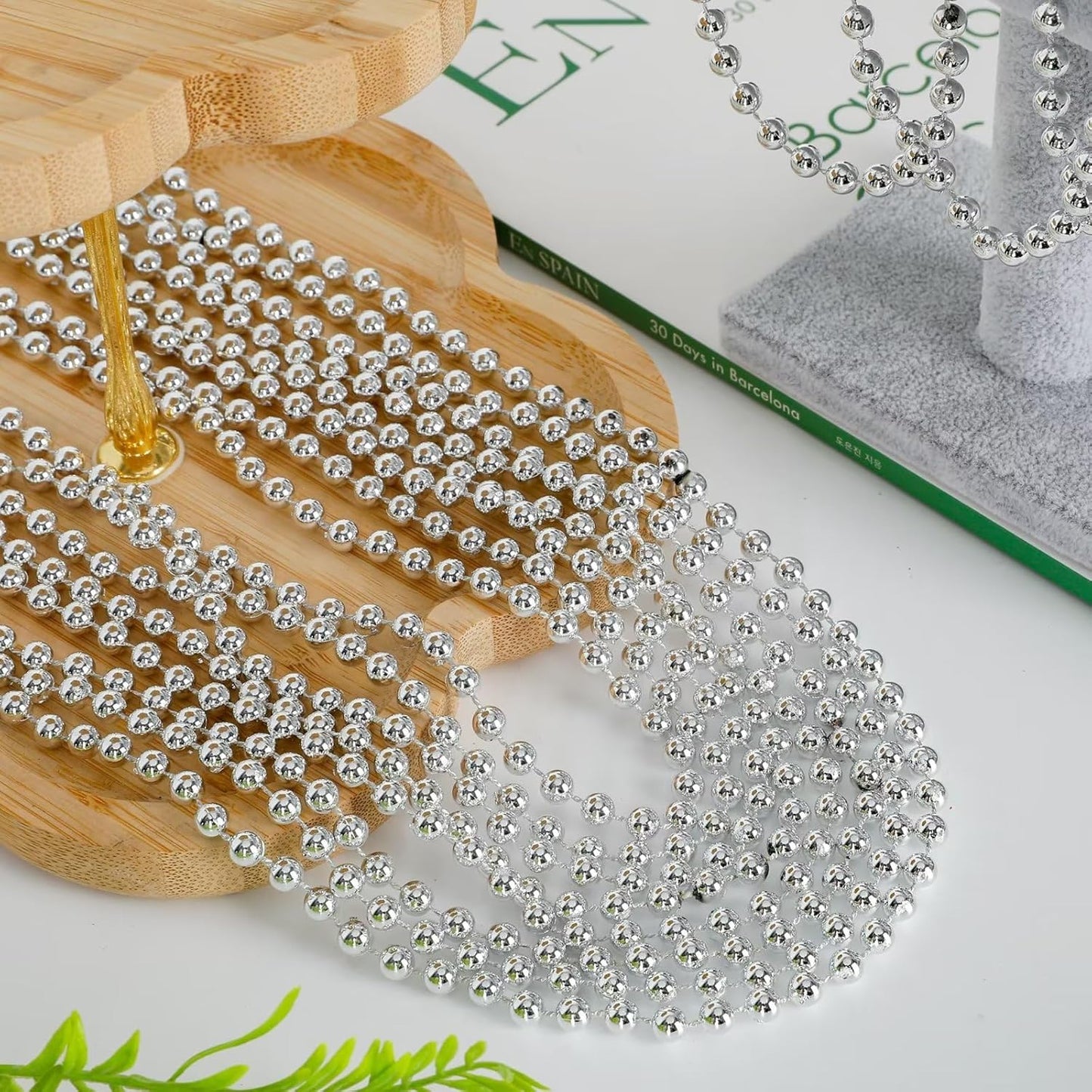 12PCS Bead Necklace, Silver Christmas Bead Necklace Party Favors Bulk, 33" Xmas Necklaces Costumes, Festival Events Parade Throw Accessory Sets for Xmas Mardi Gras Wedding Birthday Celebrations Decor