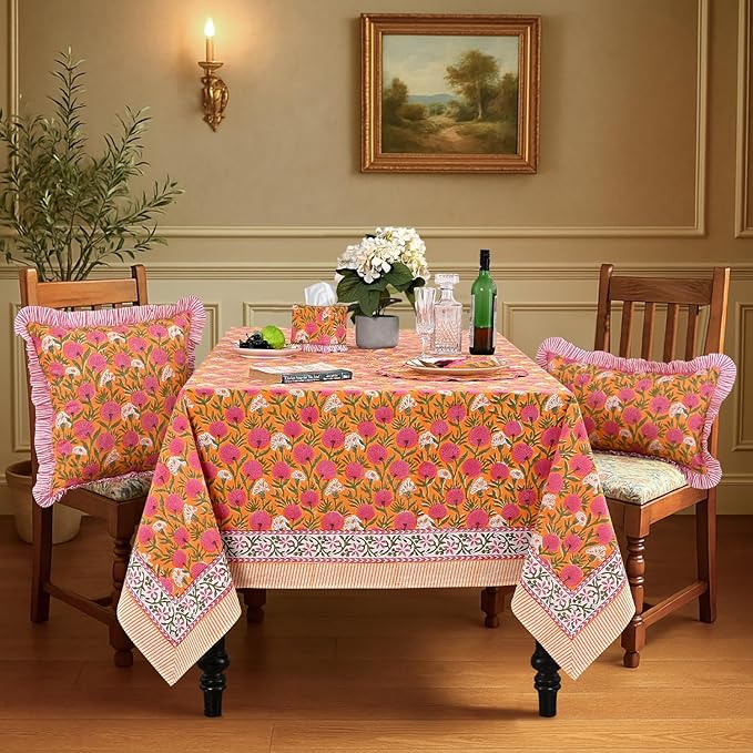 Ridhi Hand Block Print Bubblegum Pink Rectangle Cotton Tablecloth 190" x 72" Reusable Table Cover Decorative Everyday Use for Dining, Farmhouse, Home Gift for Spring, Easter, Valentine