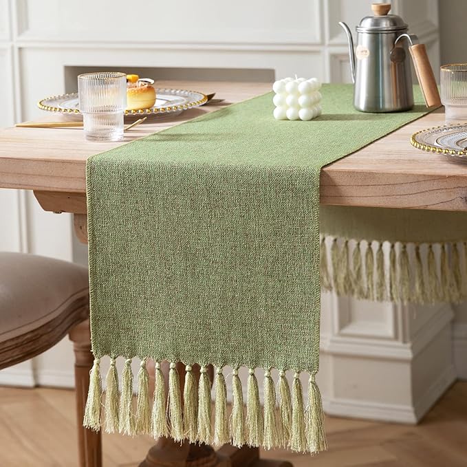 ZeeMart Green Table Runners 90 Inches Long, Burlap Linen Style Rustic Farmhouse Table Runner, Long Boho Dining Table Runner, 13x90 Inches, Grass Green