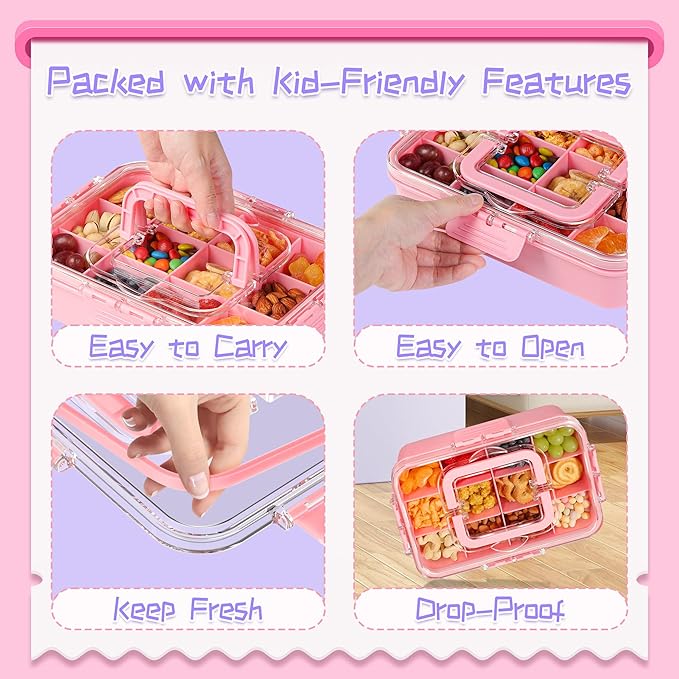 Snack Box Container for Kids - Adjustable 12-Compartment Snack Containers, Reusable Bento Box, Dishwasher Safe, BPA-Free, Perfect for School, Travel, Camping & Picnic, Pink
