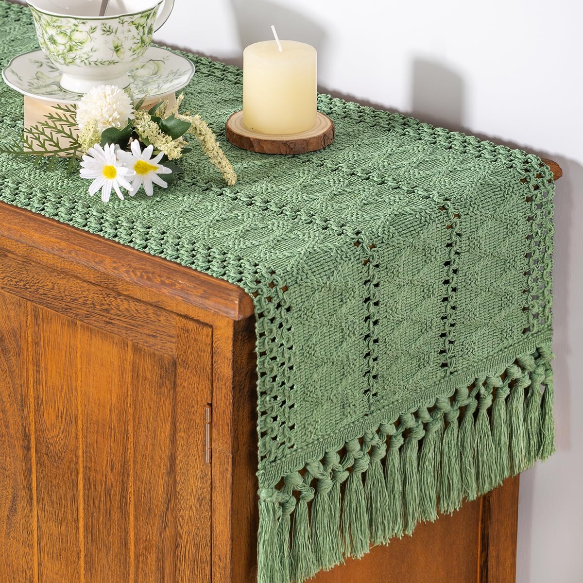 Socomi Sage Green Boho Table Runner Macrame Fall Thanksgiving Farmhouse Woven Cotton Linen Rustic Coffee Table Runner with Tassels for Small Dresser Scarf Home Decor Dining Room 12x72 inch