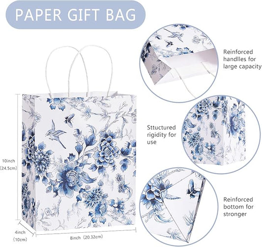 Loveinside Blue and White Flower Paper Gift Bag, Vintage Floral Deisgn with Handles Grocery Shopping Bags Candy Goodie Bags for Birthday, Wedding, Spring, Mother's Day, 8" x 4" x 10", 12 Pcs