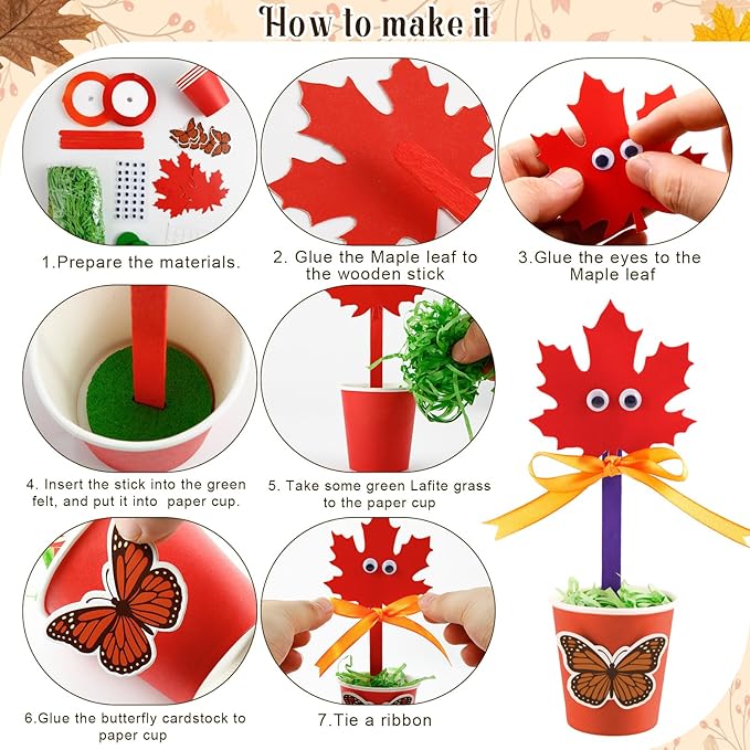 30 Set Fall Flower Paper Pot Craft Kits - Make Your own Standing Autumn Maple Leaf Gift Crafts Decorations,DIY Thankful Flower Pot Decor Home School Classroom Art Activities for Thanksgiving