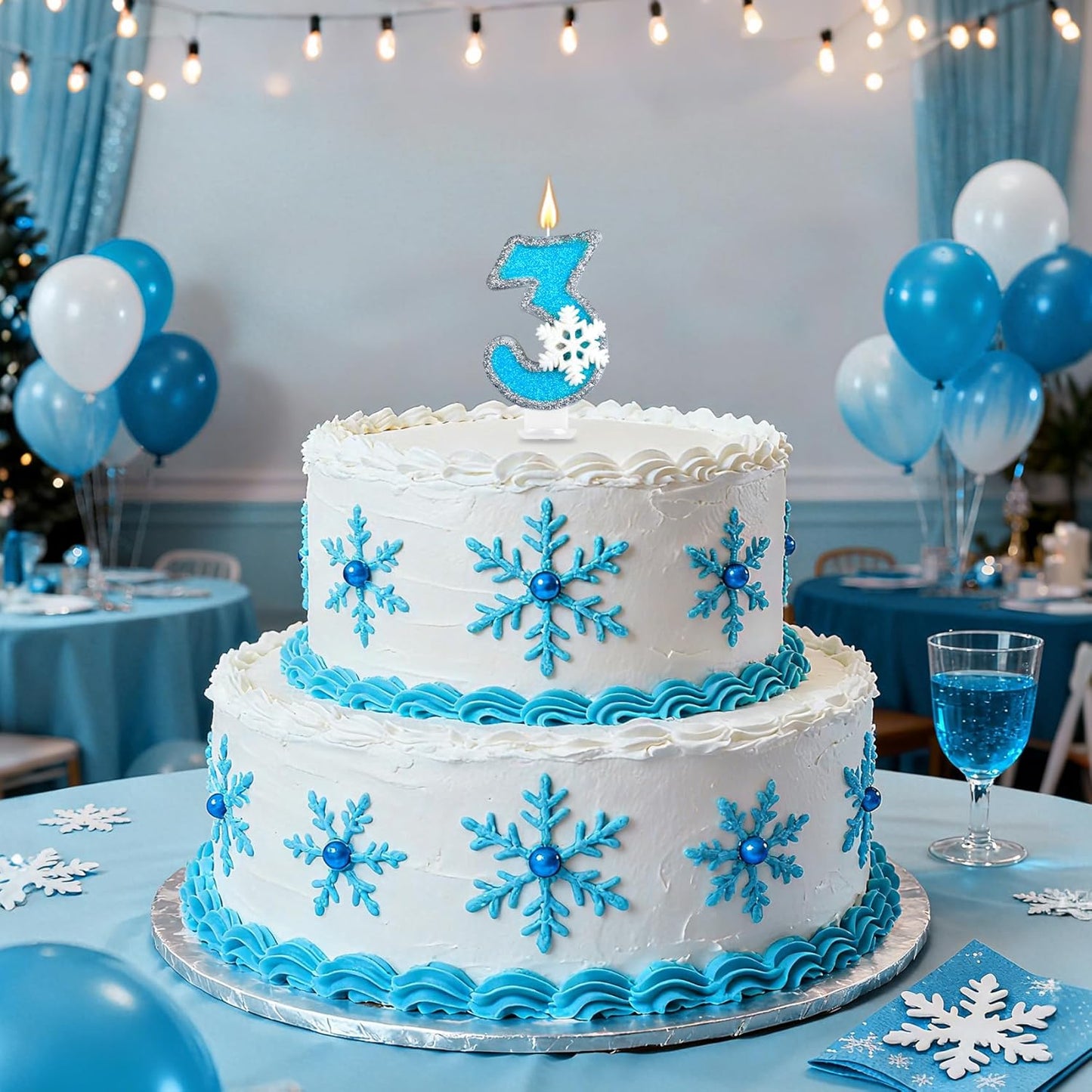 Frozen Themed Birthday Candles Party Decorations, Blue and Silver Number 3 Birthday Candle, Happy Birthday Candle for Cake, Snowflake Cake Topper Decoration for 3rd 3 Year Old Party Favor Supplies