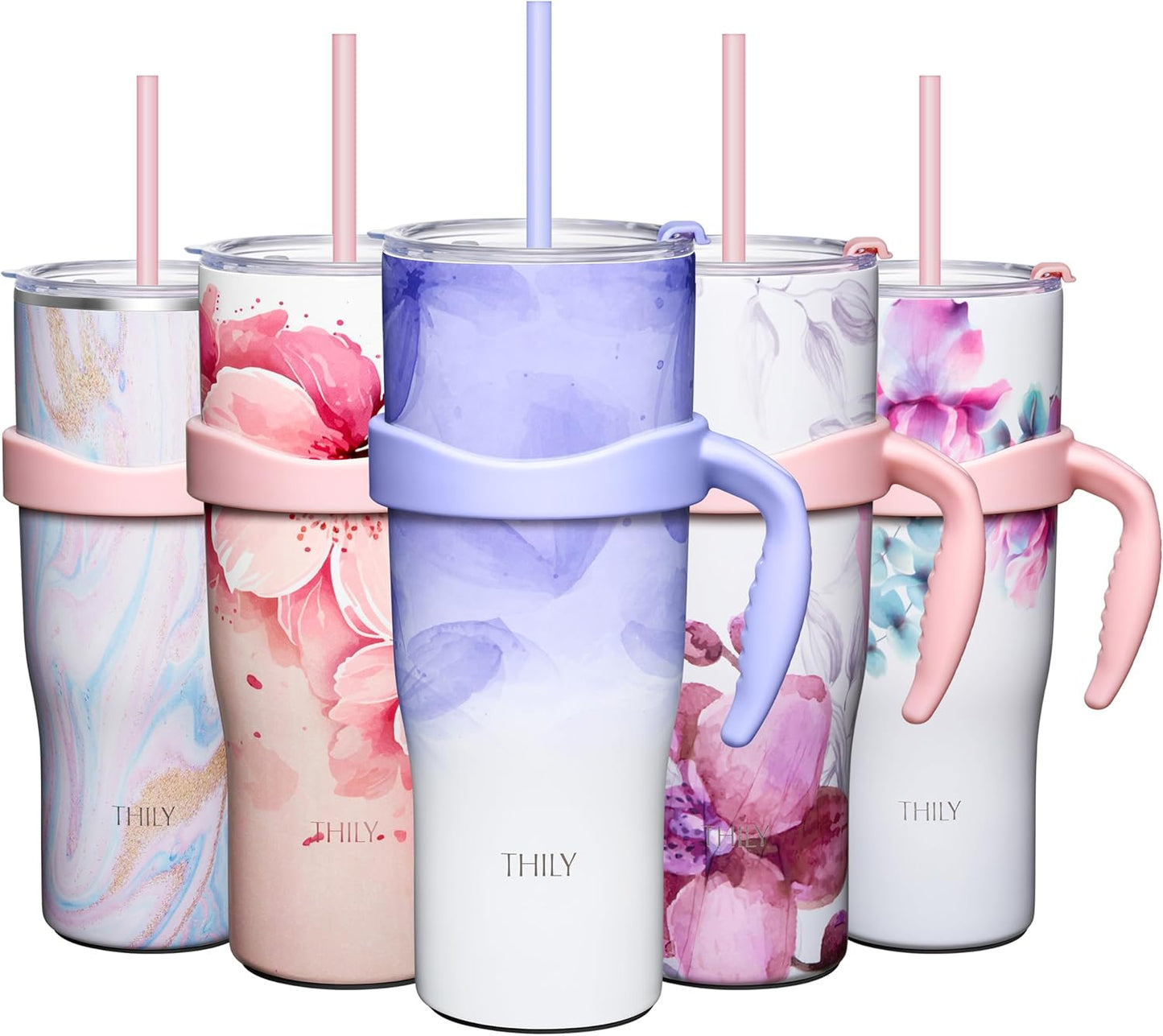 THILY 40 oz Insulated Tumbler with Handle - Stainless Steel Coffee Travel Mug with Lid and Straws, Keep Drinks Cold for 34 Hours or Hot for 12 Hours, Violet Leaves