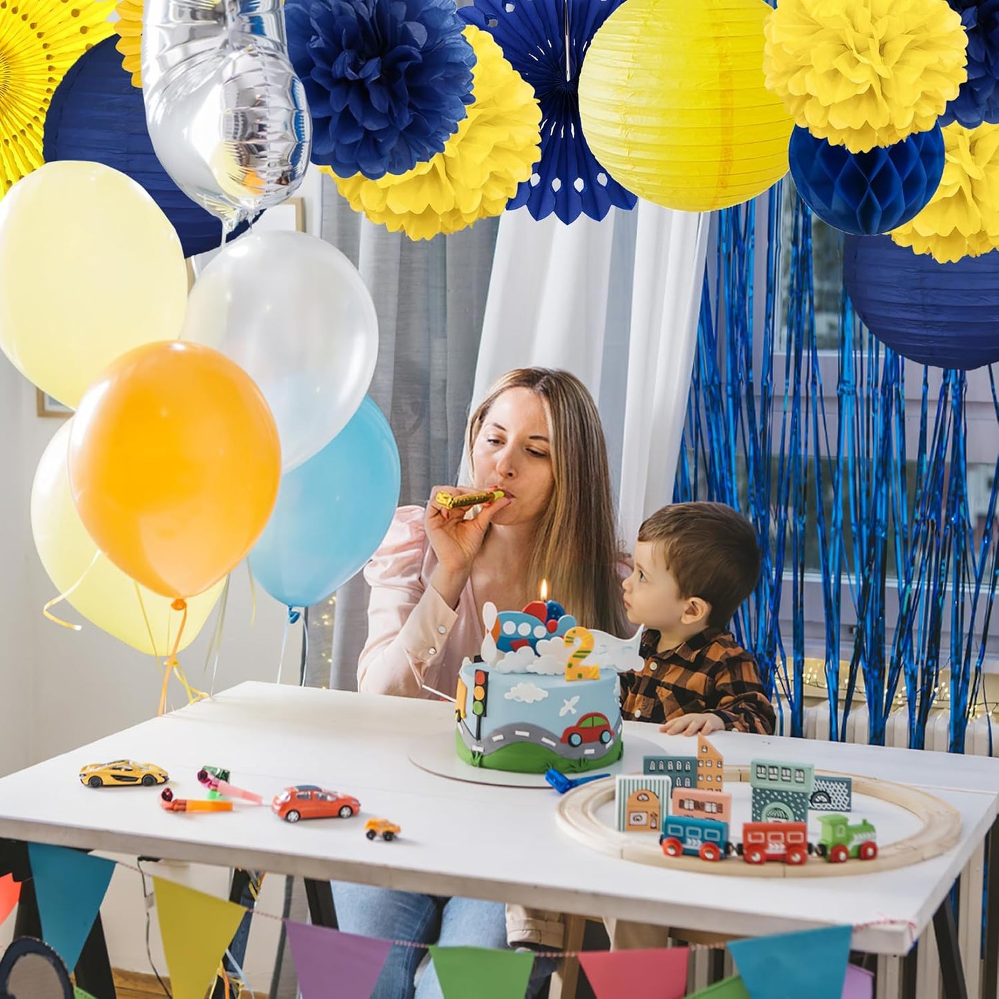Blue and Yellow Party Decorations Blue and Yellow Paper Fans Paper Lanterns Pom Poms Flowers for Baby Shower Birthday Wedding Engagement Party