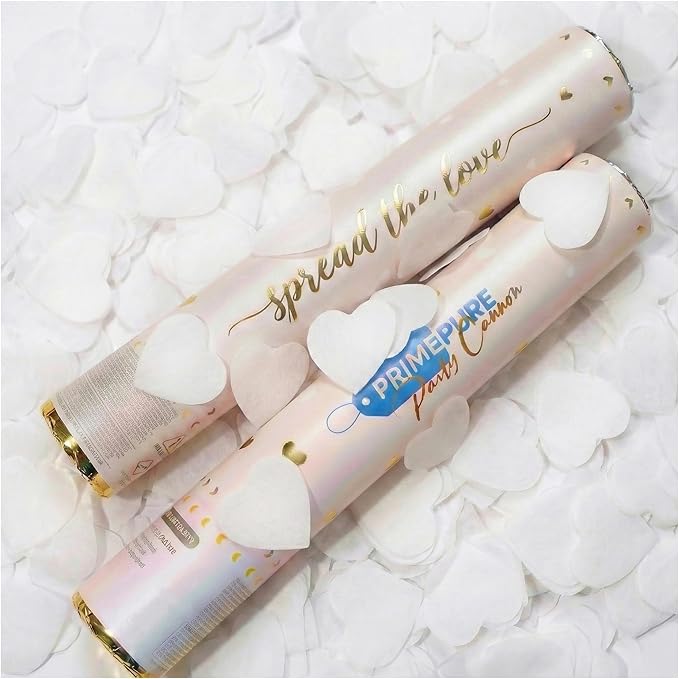 PrimePure Confetti Cannon Party Poppers - Biodegradable White Heart Confetti Poppers - 2 Pack - White Paper Hearts Pop Gun for Wedding Send Off, Bridal Shower, Birthday, Parties