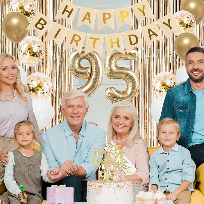 Trgowaul 95th Birthday Decorations for Women, Banner, Sash and Crown, Cake Topper, 95 Number Balloon, Fringe Curtains, Champagne Gold 95th Birthday Party Supplies