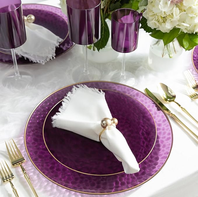[Purple Hammered With Gold Rim 8 Pack] 13'' Charger Plates Purple Hammered With Gold Rim Plastic Heavy Duty Dinner Chargers Serveware Dishes Tableware for parties, Weddings & More