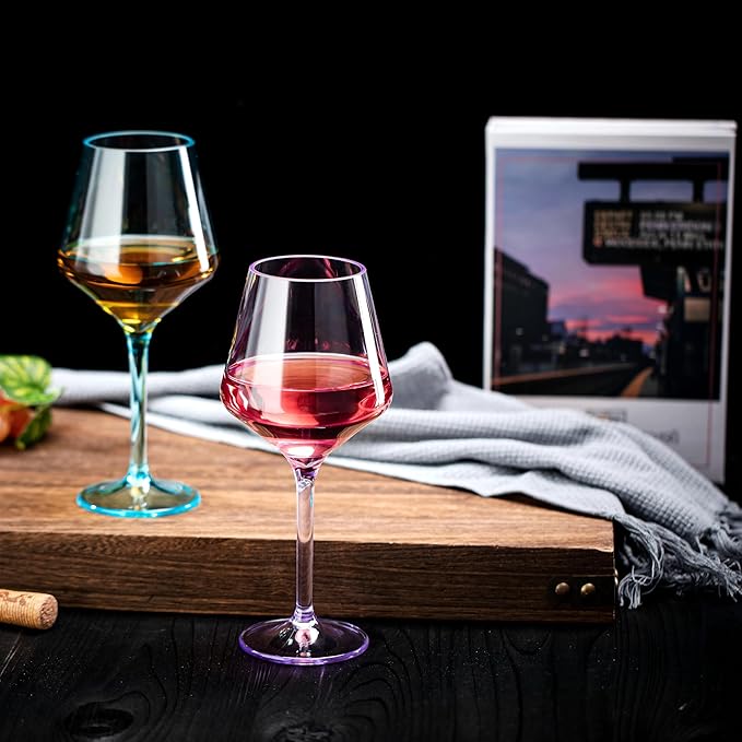 16-ounce Plastic Stem Wine Glasses, All Purpose Arcylic Glasses, set of 6 Multicolor Reusable Shatter-resistant Dishwasher Safe