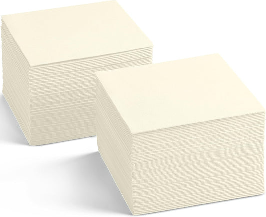 Linen-Feel Cocktail Napkins - Decortive Cloth-Like Cream Dessert And Beverage Napkins - Soft And Absorbent. For Restaurant, Bar, Cafe, Or Event. (Pack of 100)