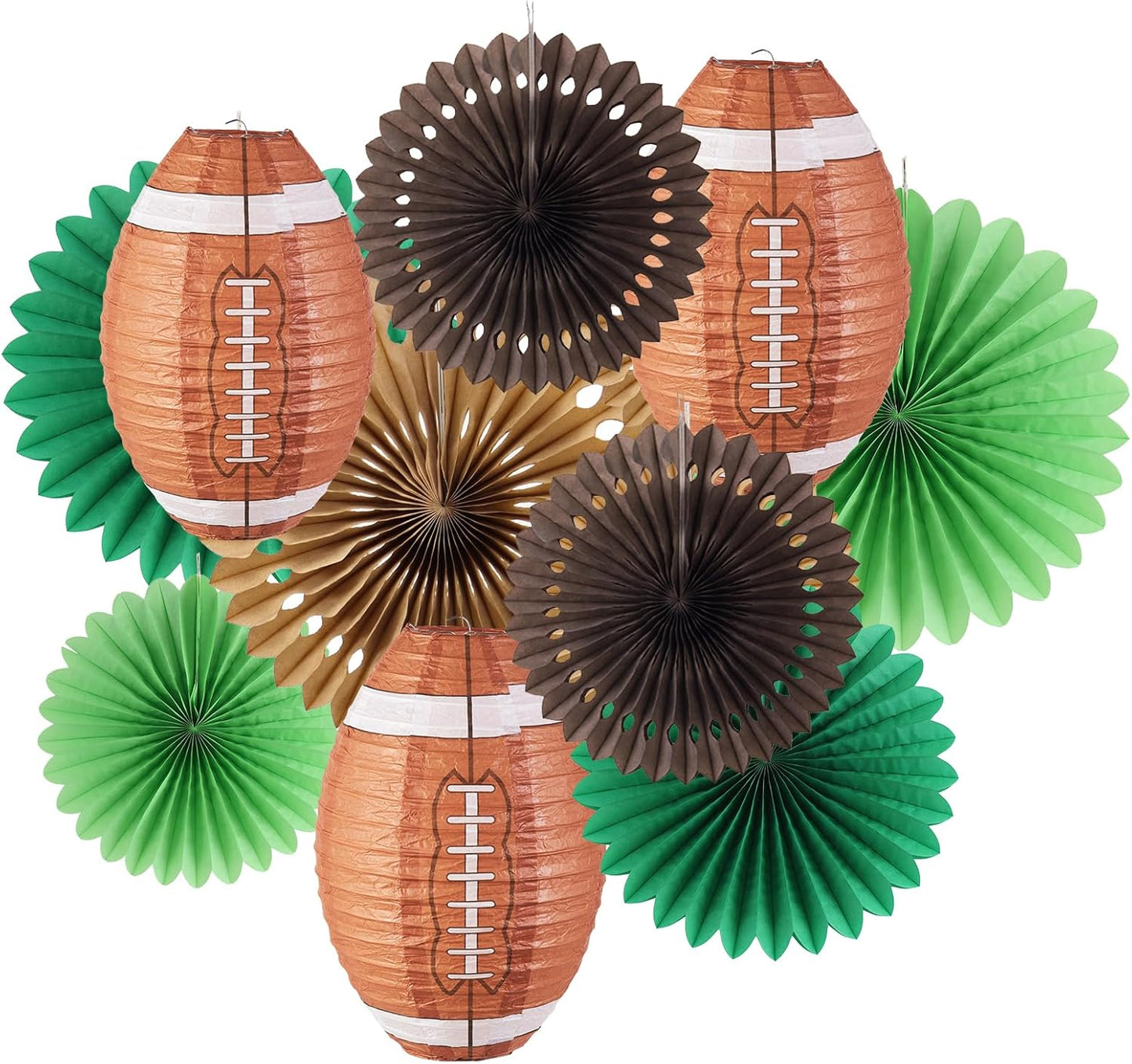 Football Party Decorations, Super Bowl Party Decorations, Football Paper Lanterns and Green Brown Hanging Paper Fans, for Boy's First Year Down Birthday Party Decorations