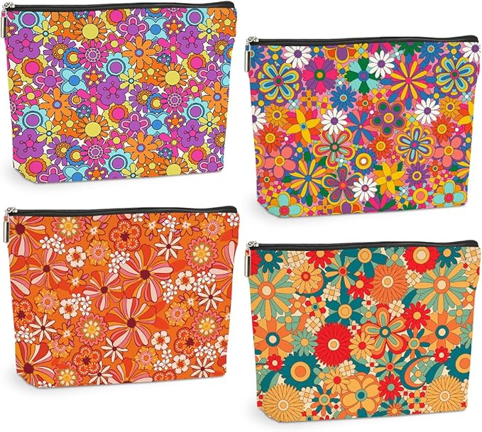 4 Pcs Retro Flowers Makeup Bag, Hippie Stuff Boho Cosmetic Bags Plant Lover Friendship Gifts for Women Sister Bestie Mom Friend Thanksgiving Christmas Birthday Gifts Travel Toiletry Bag Accessories