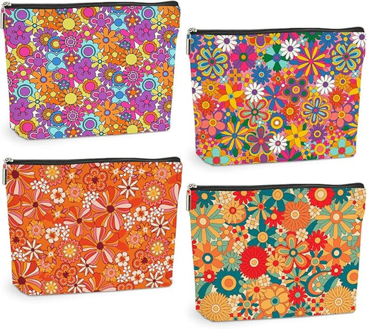4 Pcs Retro Flowers Makeup Bag, Hippie Stuff Boho Cosmetic Bags Plant Lover Friendship Gifts for Women Sister Bestie Mom Friend Thanksgiving Christmas Birthday Gifts Travel Toiletry Bag Accessories