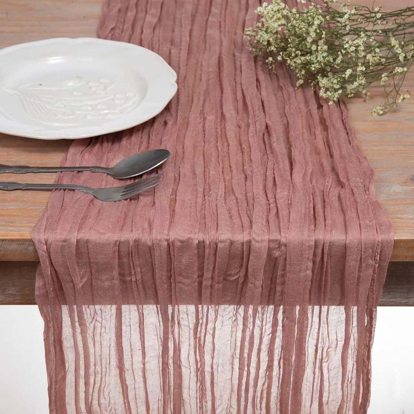 DOLOPL Dusty Rose Cheesecloth Table Runner 13.3ft Boho Gauze Cheese Cloth Table Runner Rustic Sheer Runner 160inch Long for Wedding Bridal Baby Shower Birthday Party Cake Table Decorations
