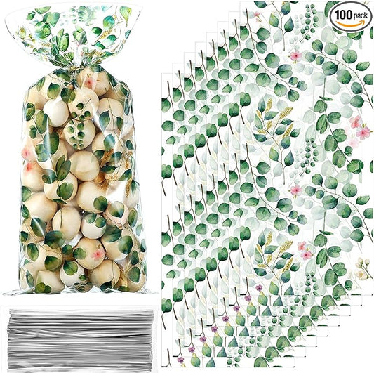 Outus 100 Pieces Eucalyptus Cellophane Party Treat Bag Sage Green Leaf Candy Bags for Baby Shower Wedding Bridal Shower Supplies Favors Decorations Birthday Theme Floral Decor