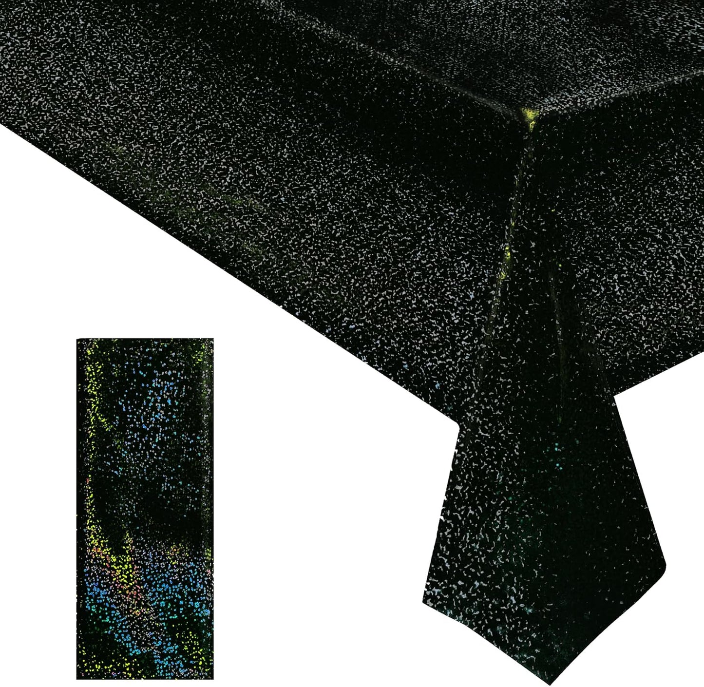 1 Pcs Black Holographic Laser Tablecloth Galaxy Space Table Cloth 40 * 108 Inch Shimmer Star TableCover for Halloween Birthday Graduation Neon Party Supplies Disposable Plastic Foil Table Decor