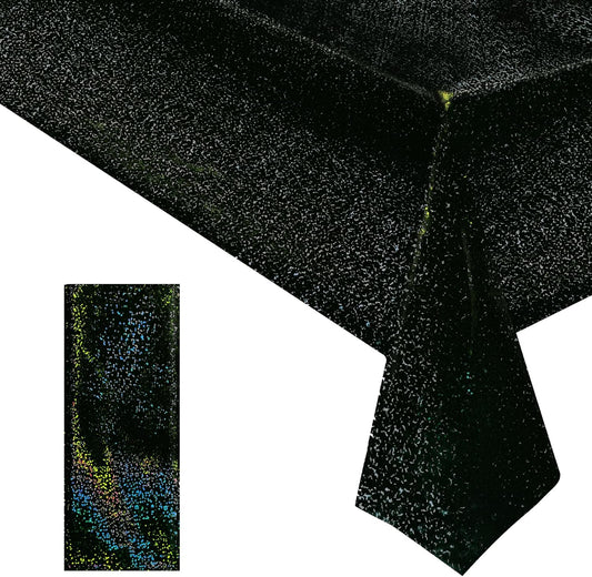 1 Pcs Black Holographic Laser Tablecloth Galaxy Space Table Cloth 40 * 108 Inch Shimmer Star TableCover for Halloween Birthday Graduation Neon Party Supplies Disposable Plastic Foil Table Decor