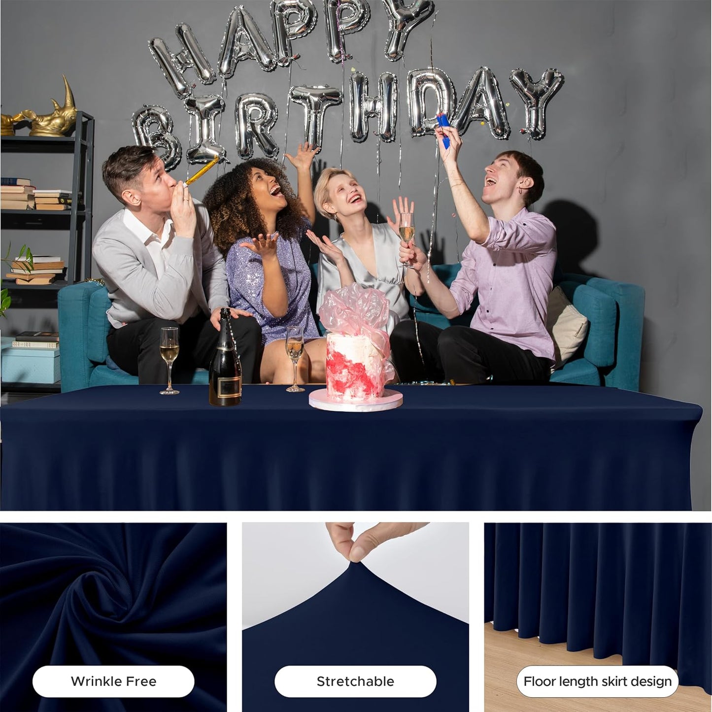 HolidayIdeas 6ft Spandex Tablecloth 2 Pack Fitted Stretch Table Skirts 30x72 Inch,Navy Blue Ruffle Design Wrinkle-Free Polyester Table Cover for Vendor Booth, Parties Banquets, Events