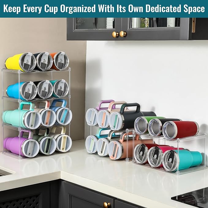 Design for Stanley 40 OZ & Large Bottles & Tumblers with Handle - Acrylic Water Bottle Organizer - Stackable Clear Wine Rack, Cup Holder for Home Kitchen Pantry Shelf Countertop Cabinet, 2 Tier Hold 8