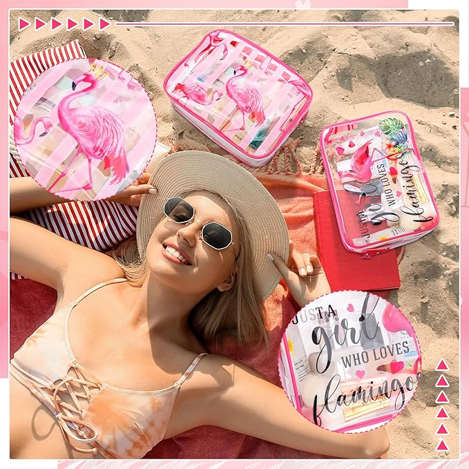 Cunno 6 Pcs Makeup Bags Gifts for Women Preppy Boho Smile Face Flamingo Clear Makeup Bags Cosmetic Transparent PVC Travel Toiletry Organizer for Birthday Party Favor(Flamingo Style)
