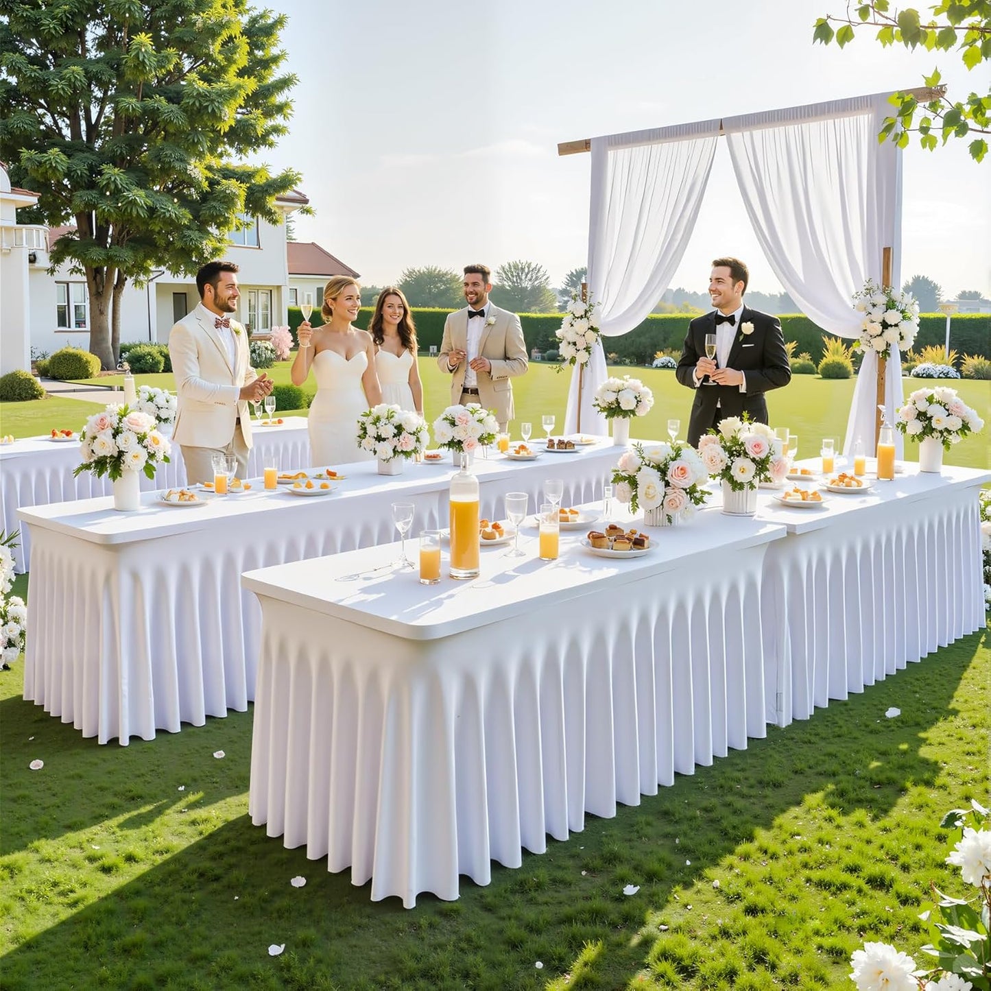 4 Pack 8ft White Spandex Tablecloths for Rectangle Tables Wrinkle Free White Rectangle Table Cloth, Stretch Fitted Table Cover with Skirt for Wedding Birthday Party Banquet Baby Shower Buffet Event