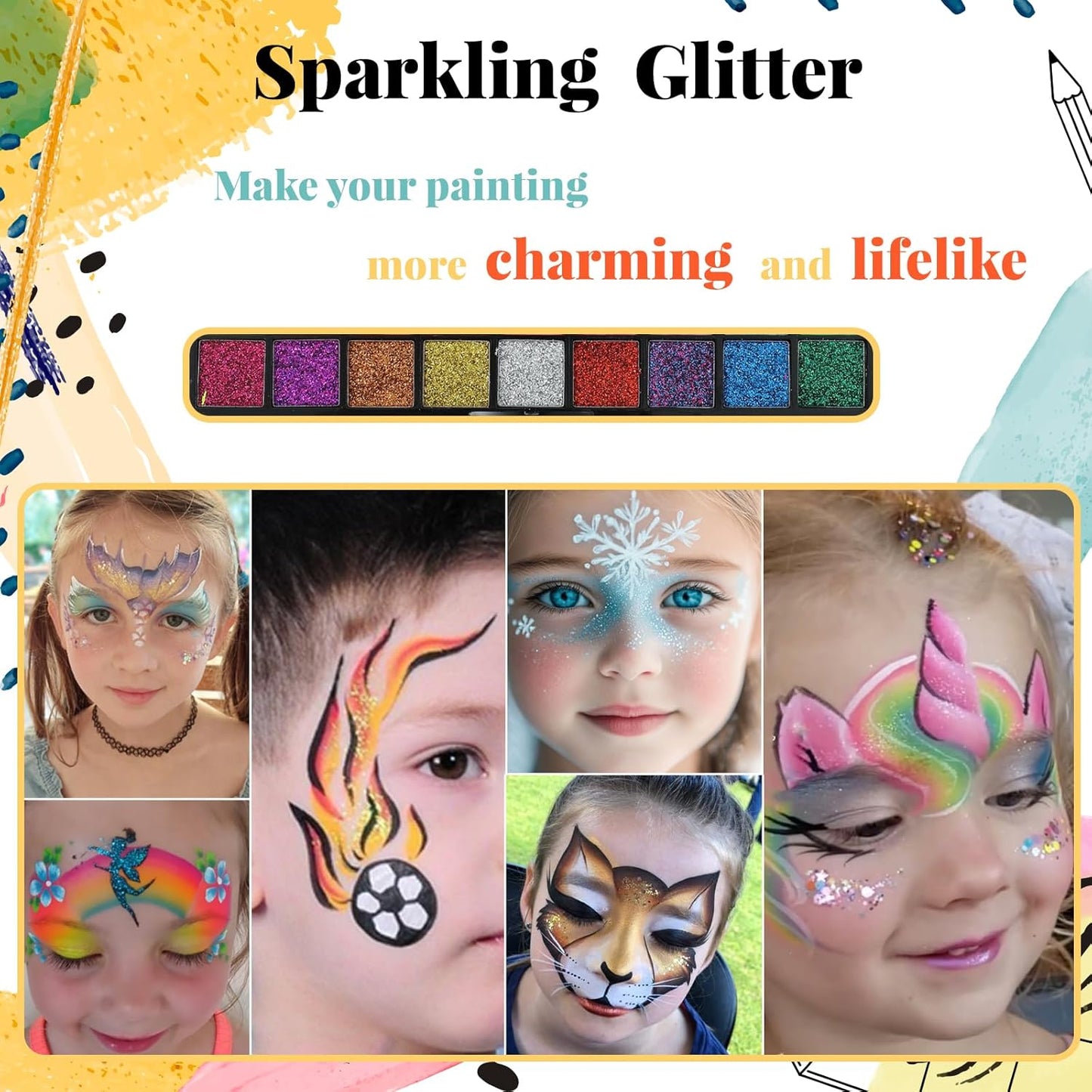Face Painting Kit for Kids, 54 Colors Professional Face Paint Makeup Kit Non-Toxic Water Activated Facepaint Pallette with Brushes, Stencils, Sponge, Gems, for Party Cosplay Halloween (54 Colors)