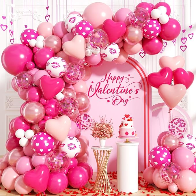 Valentines Day Balloons Garland Arch Kit -171Pcs Different Size Hot Pink and Pink with Heart Metallic Rose Gold White Balloon for Valentine's Day Galentine's Day Anniversary Party Decorations