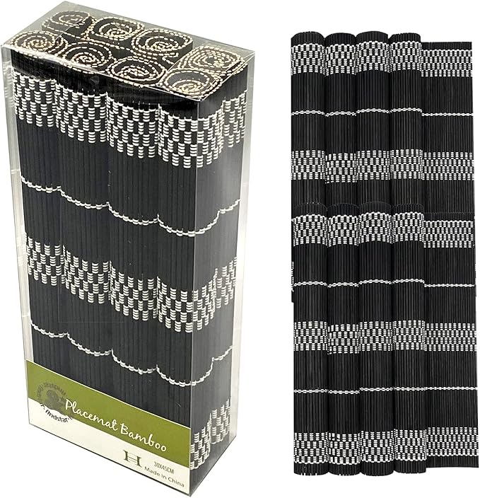 ANDSTAR Set of 8 Pcs Bamboo Placemats Natural Anti-Slip Bamboo Placemats Washable Heat-Resistant Table Mats for Dining Room and Kitchen （Black+White）