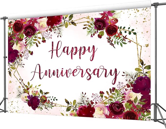 Homewelle Happy Anniversary Backdrop 7Wx5H Feet Polyester Fabric Elegant Burgundy Flower Rose Plant Botanical Decoration Green Leaves Gold Glitter Photography Background Photo Shoot Props