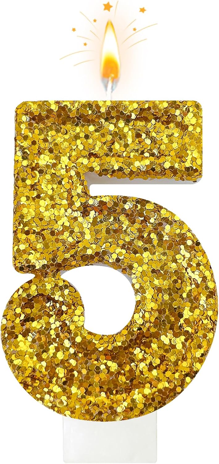 Birthday Number Candles, Glitter Number Candle Cake Decorations with Sequins, Cupcake Decorations for Girls, Women, Party Anniversary Celebrations (Number 5, Golden)