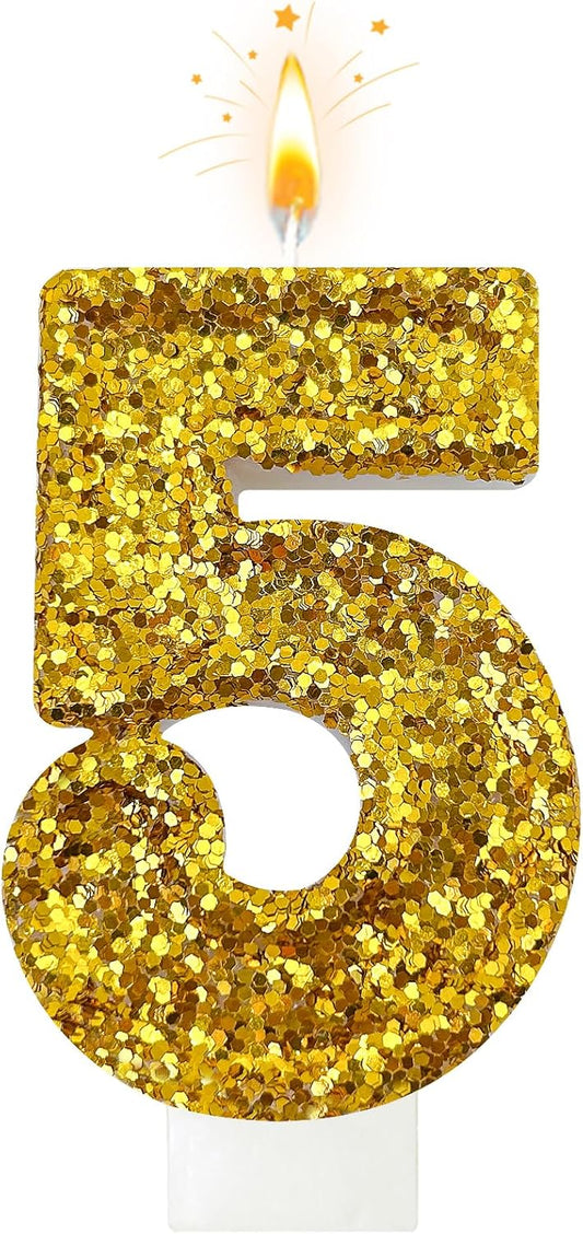 Birthday Number Candles, Glitter Number Candle Cake Decorations with Sequins, Cupcake Decorations for Girls, Women, Party Anniversary Celebrations (Number 5, Golden)