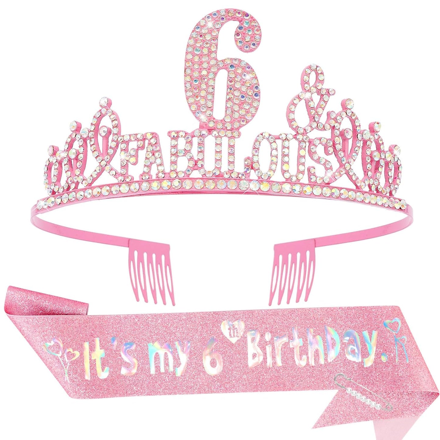 6th Birthday Decorations for Girls Set - Happy 6th Birthday Princess Crown and Glitter Sash, 6 Year Old Girl Tiara Party Decorations Supplies Outfit Accessory Gifts
