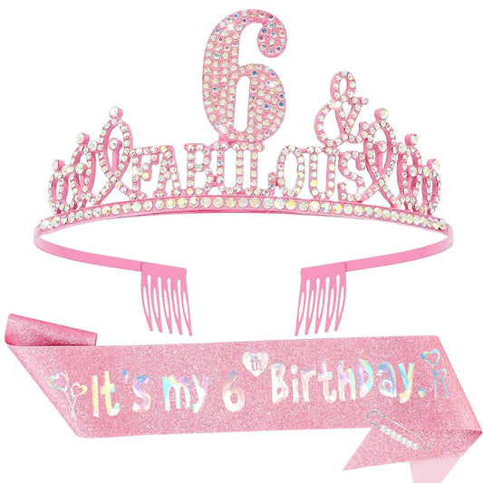 6th Birthday Decorations for Girls Set - Happy 6th Birthday Princess Crown and Glitter Sash, 6 Year Old Girl Tiara Party Decorations Supplies Outfit Accessory Gifts
